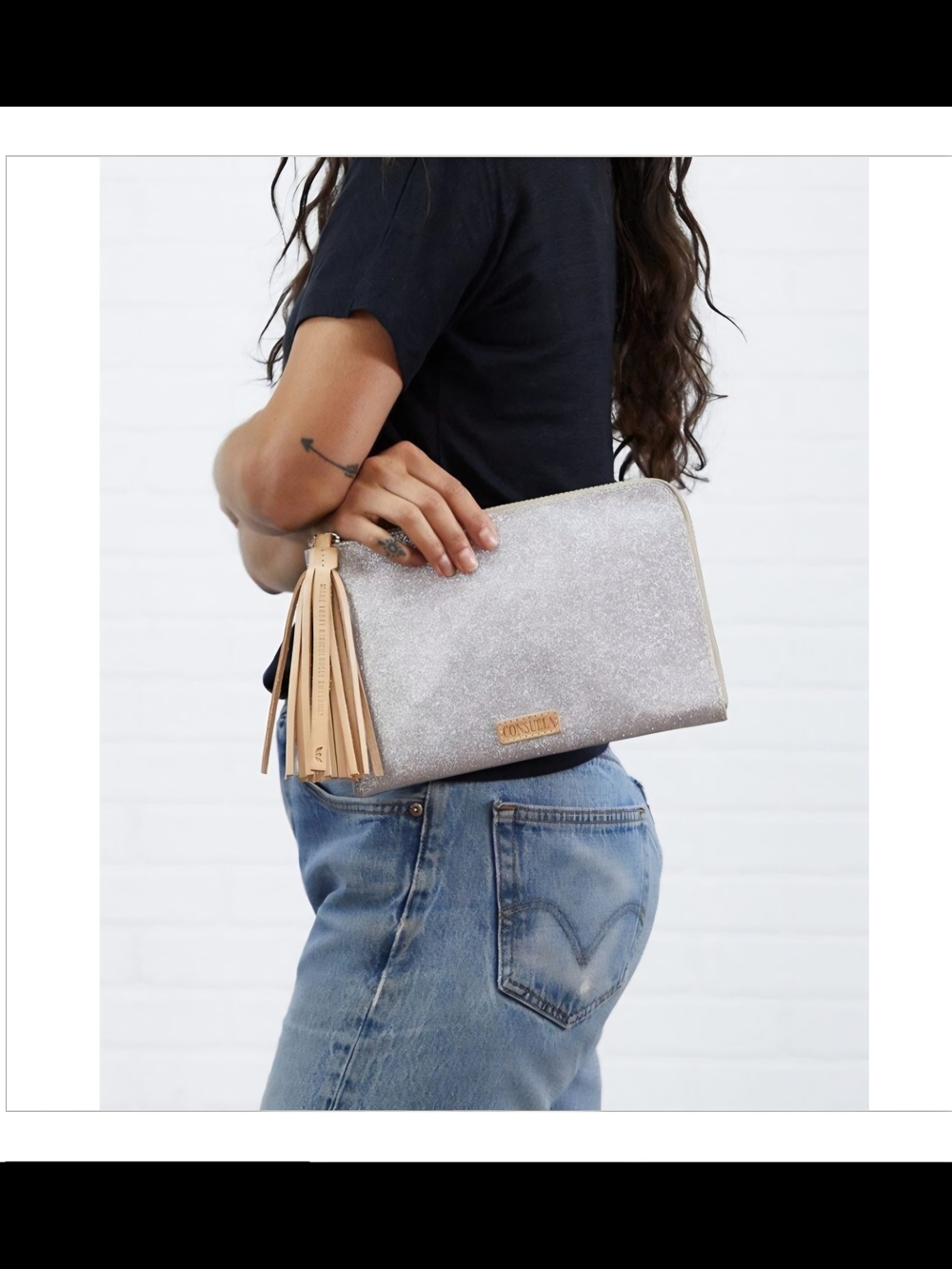 Consuela Glitter Clutch Zip Pouch Sparkle Tassel Bag